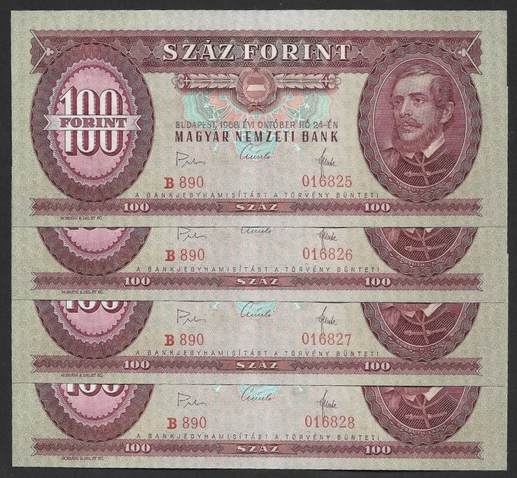 4 db sorszámkövető 100 forint 1968 EF+